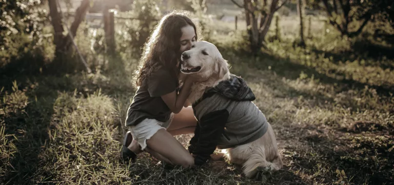 An owner cuddling their Labrador Retriever on a walk